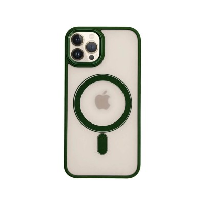 Husa iPhone 13 Pro Max, Premium MagSafe, Butoane Metalice, Spate Transparent, Rama Verde